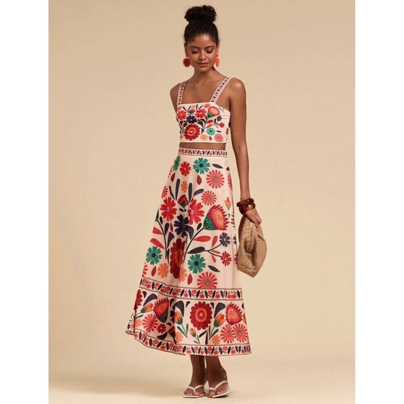 Floral Two Piece Crop Top and Midi Skirt Set Cream Red Large - Picture 3 of 10